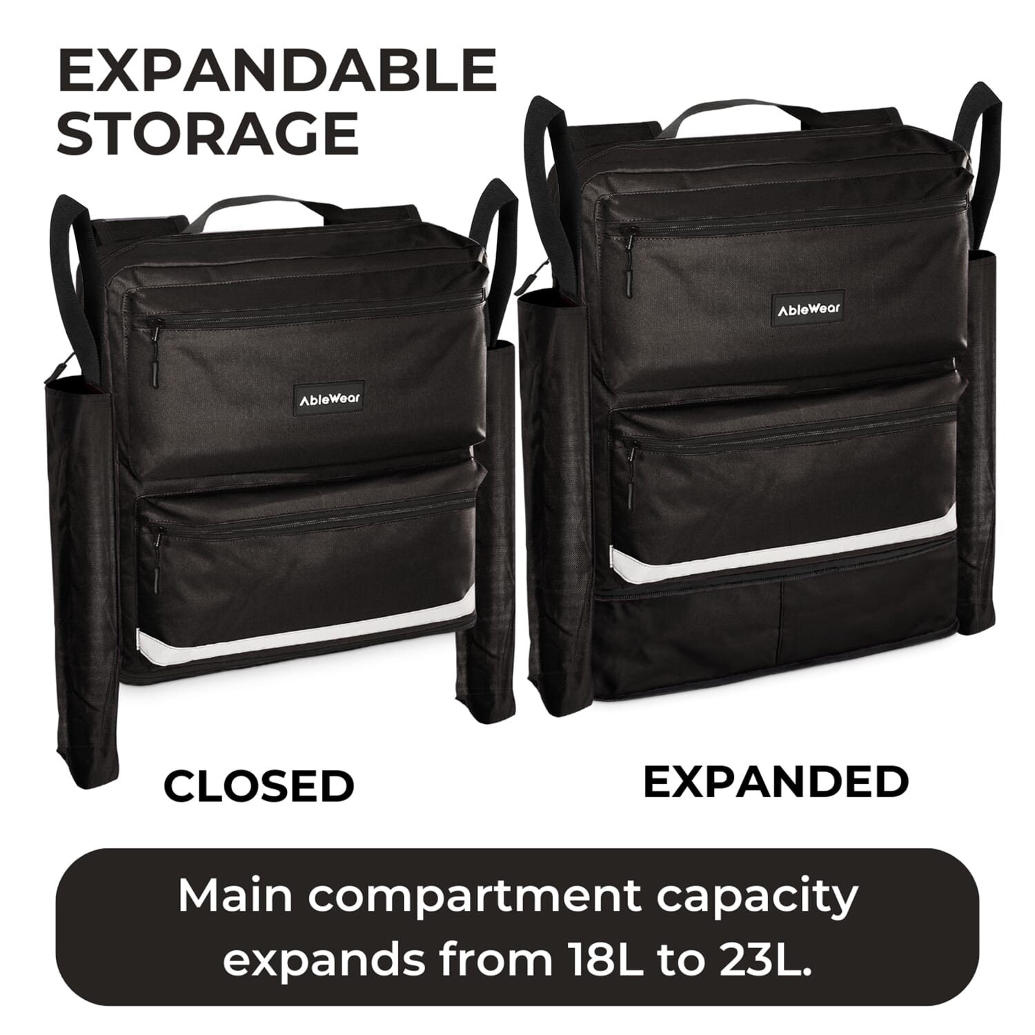 wheelchair bag with crutch pockets expanding