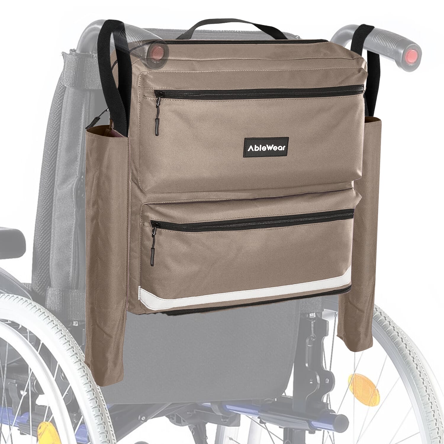 wheelchair bag with crutch pockets grey on wheelchair