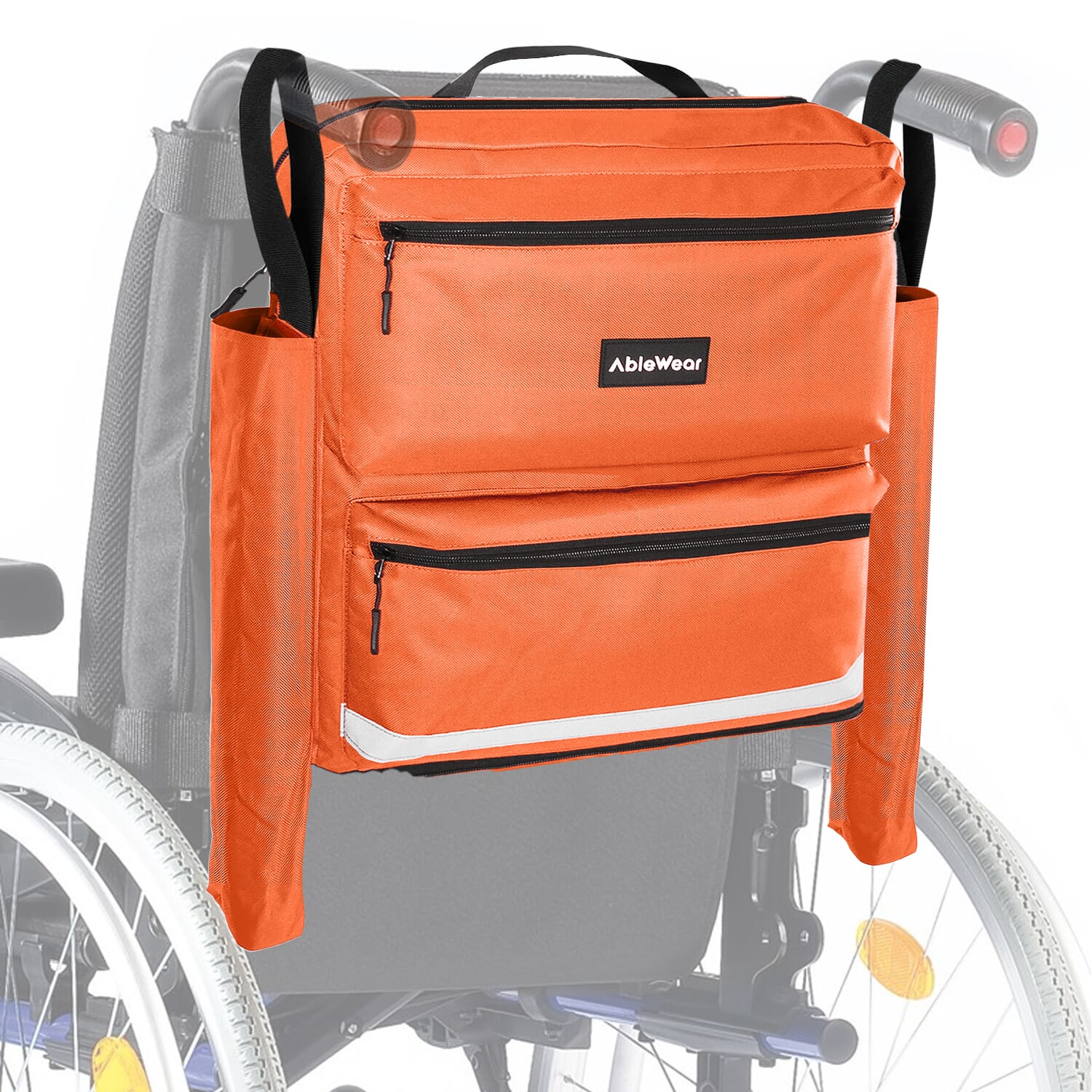 wheelchair bag with crutch pockets orange on wheelchair