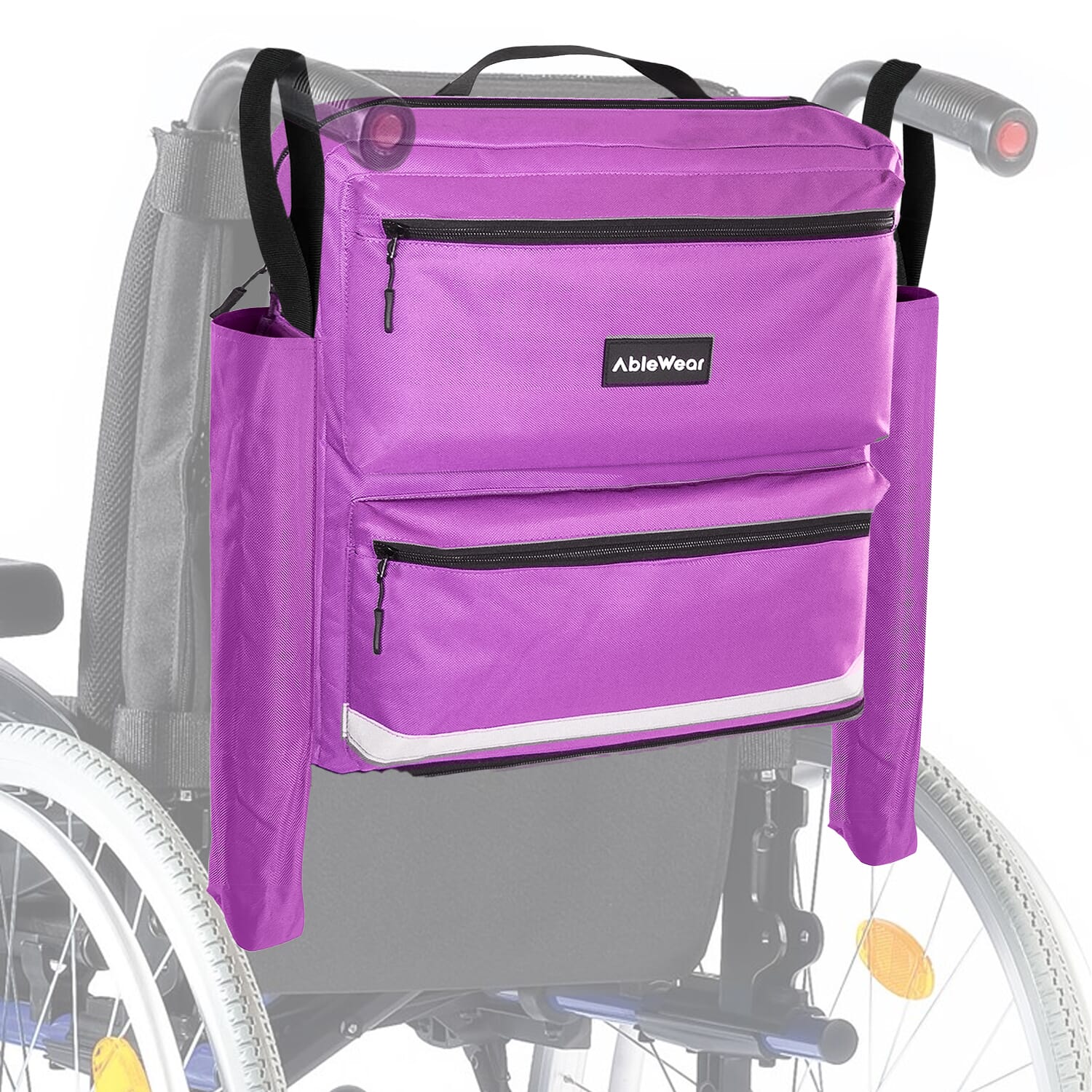wheelchair bag with crutch pockets purple on wheelchair