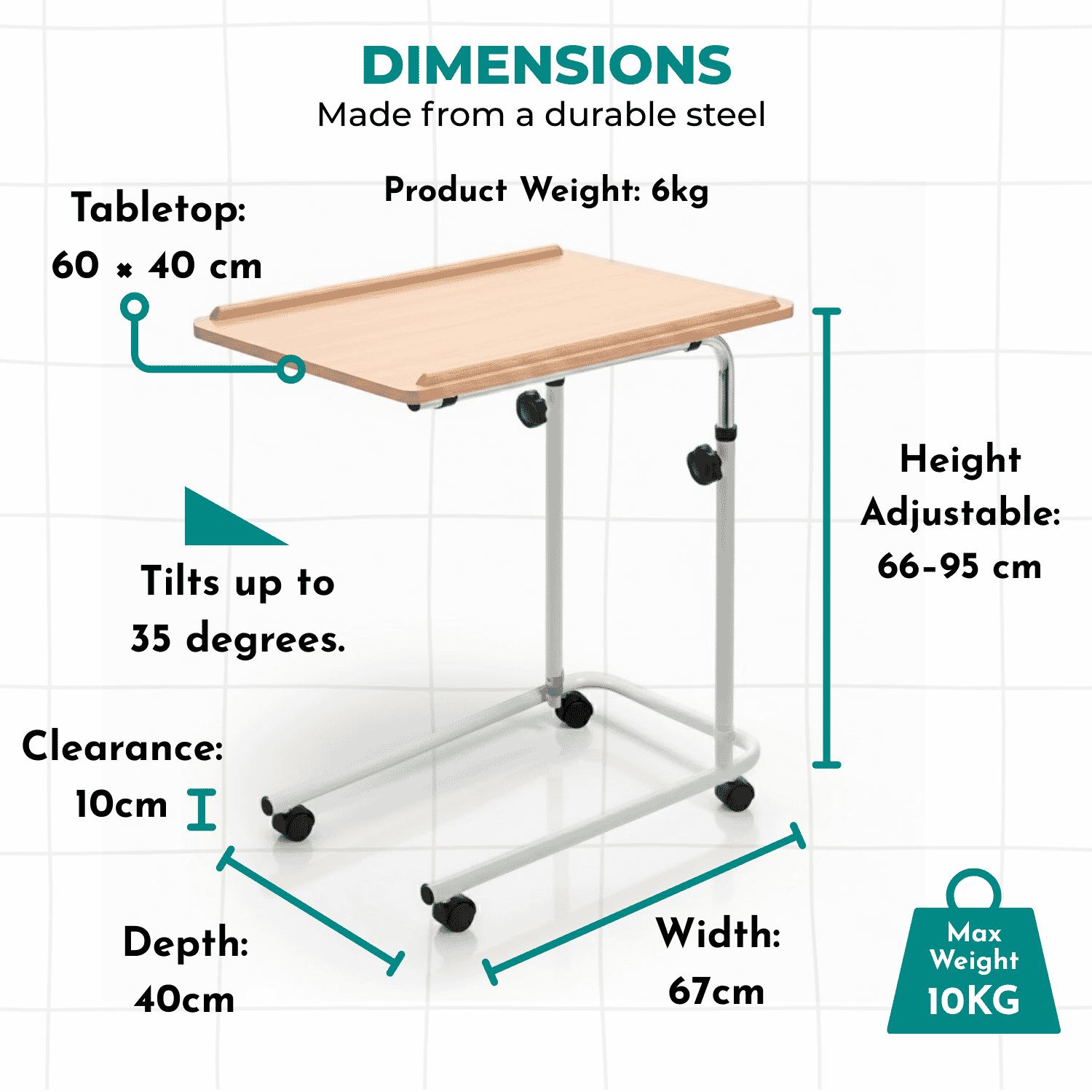wheelchair table with castors dimensions