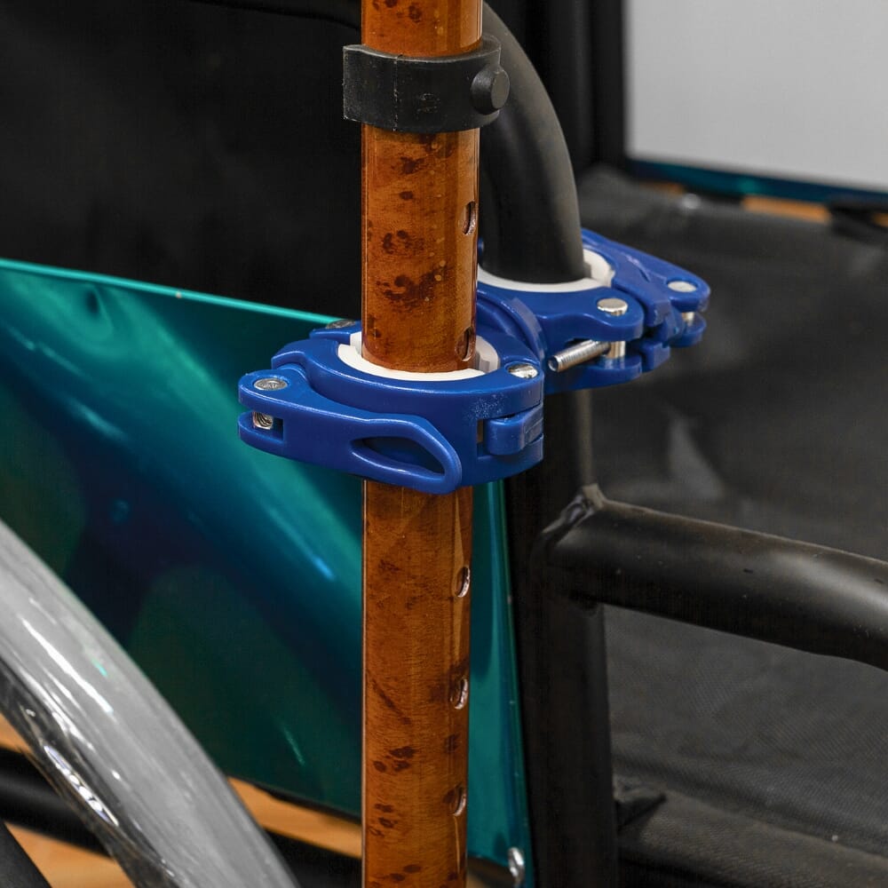 wheelchair walking stick holder in use