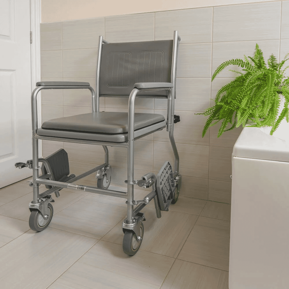 wheeled commode in bathroom