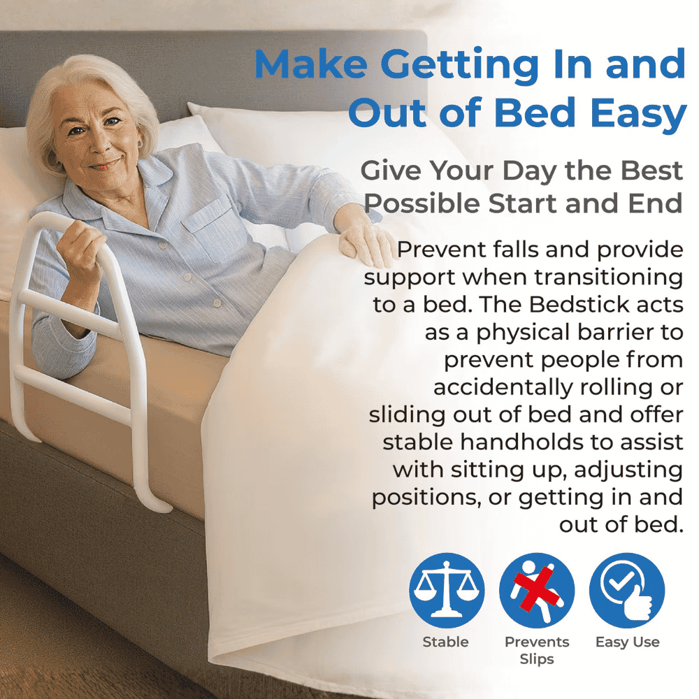 white solo bedstick bed rail in use