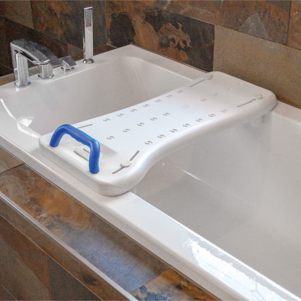 width adjustable bath board with handle on bath