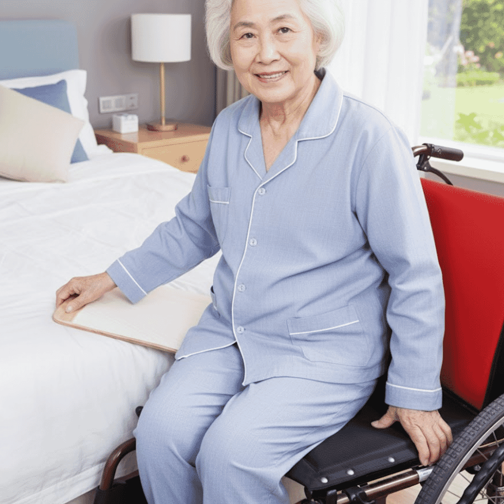 wooden curved transfer board in use