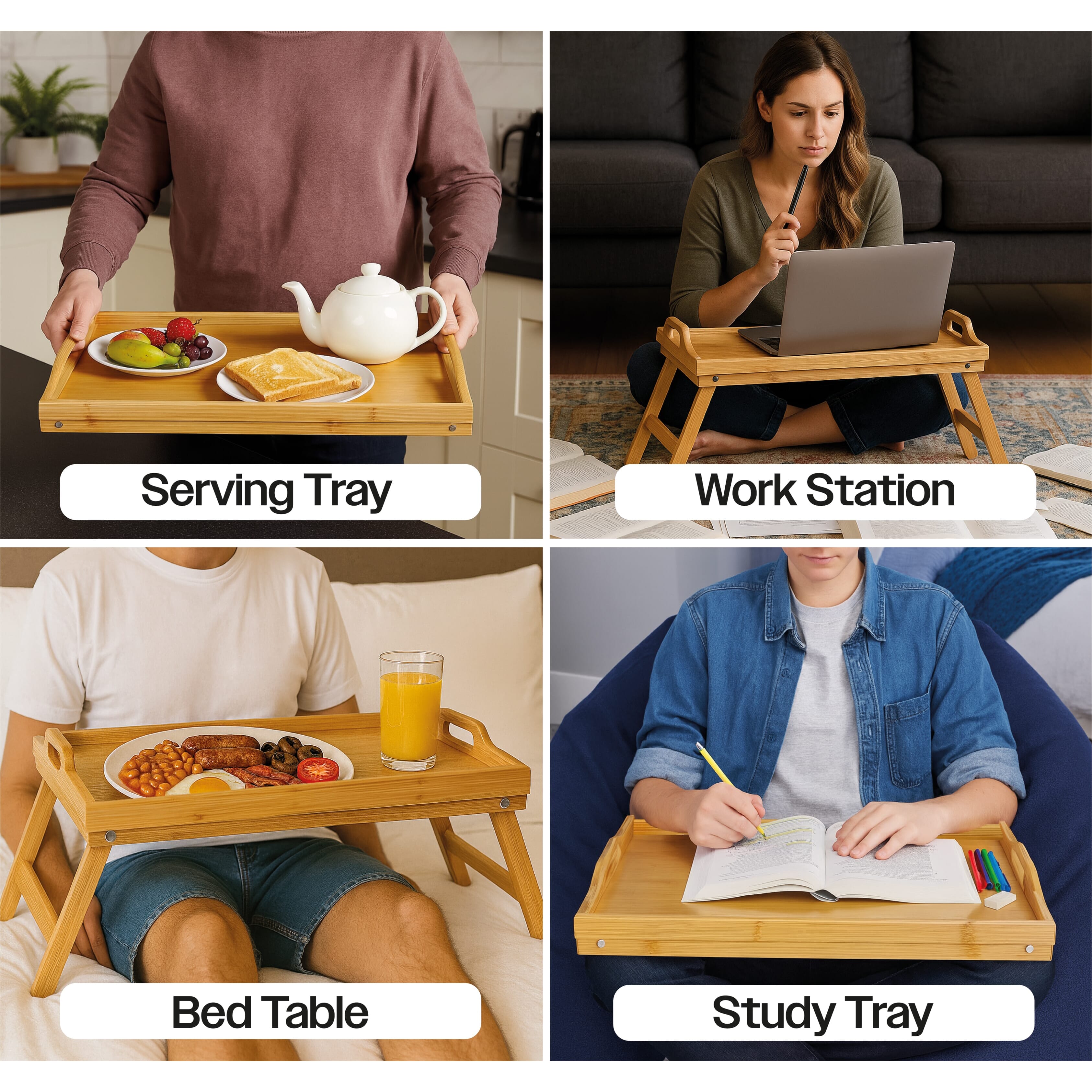 wooden lap tray table with folding legs uses