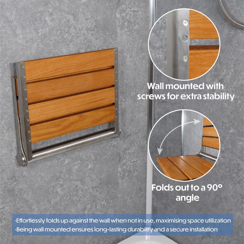 wooden slatted shower seat in oak details