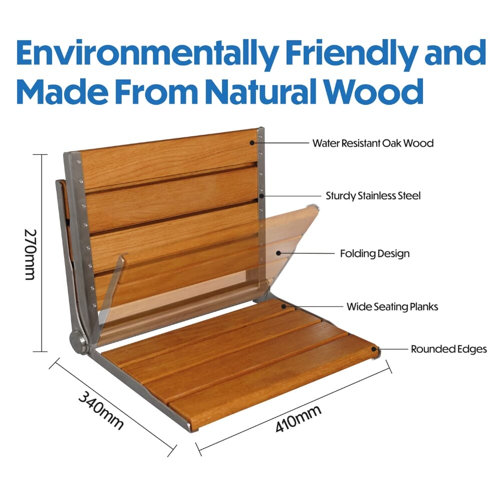wooden slatted shower seat in oak dimensions