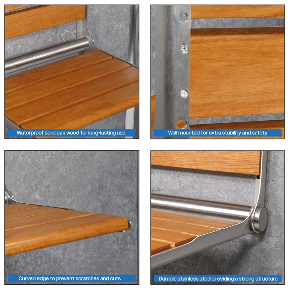 wooden slatted shower seat in oak features