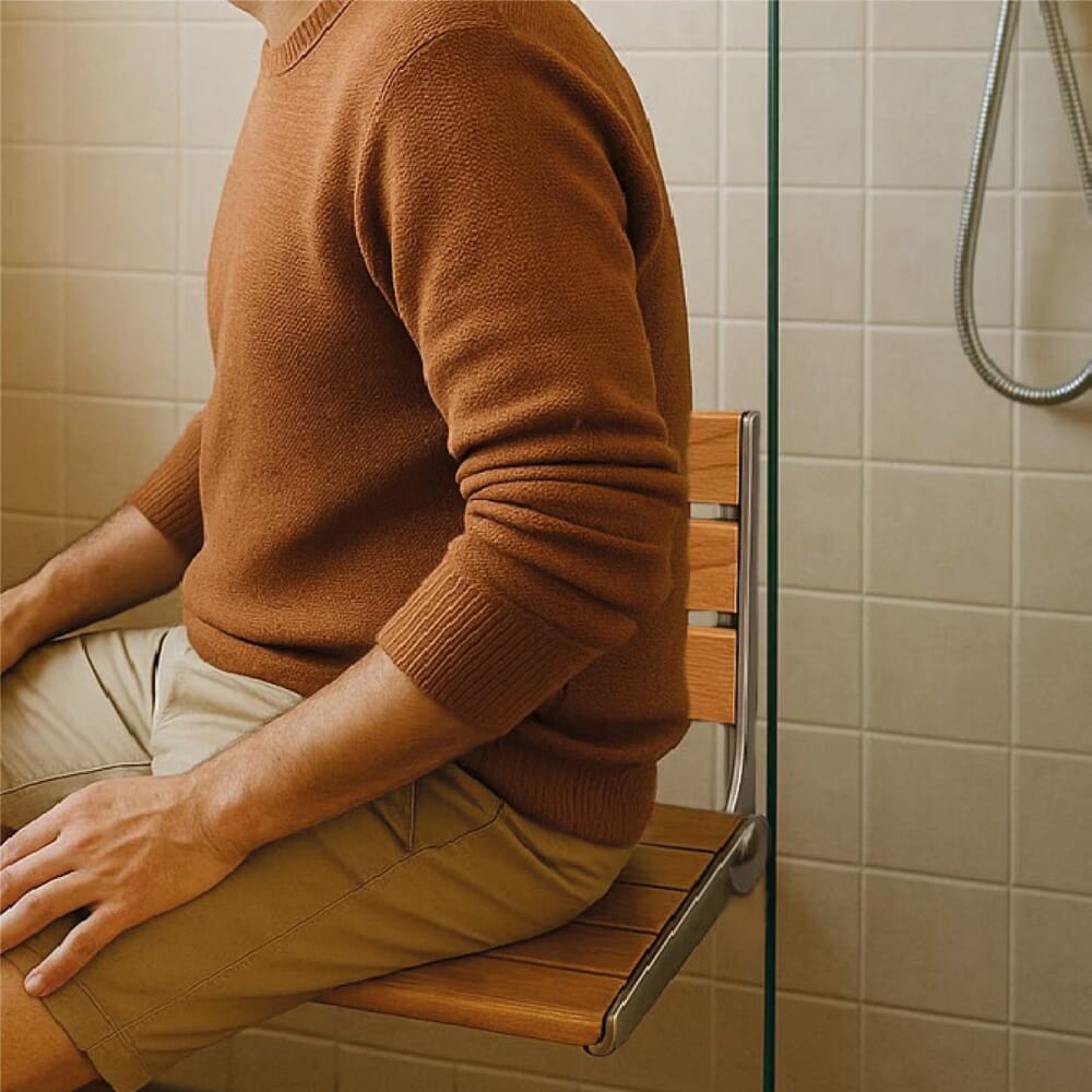 wooden slatted shower seat in oak in use