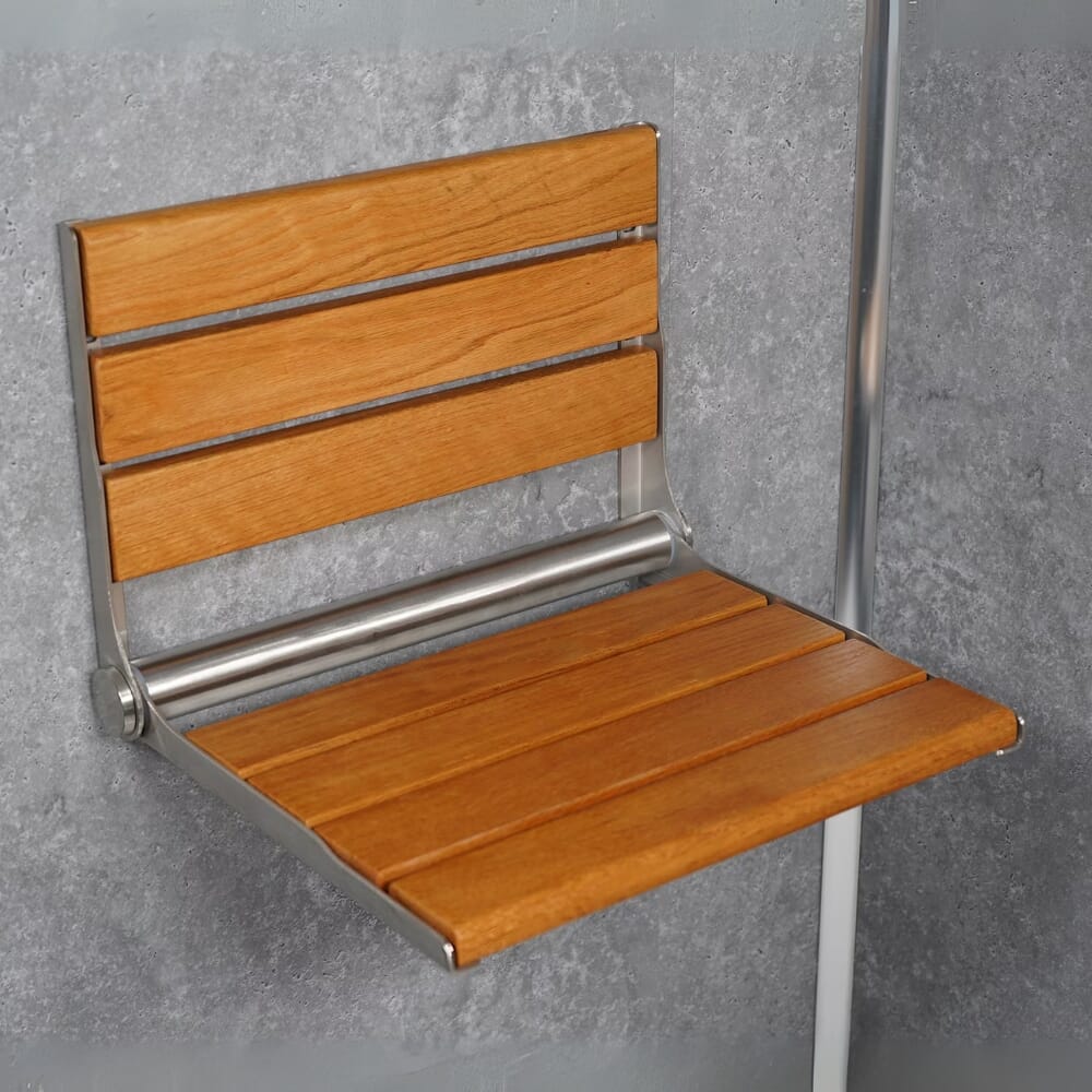 wooden slatted shower seat in oak lifestyle