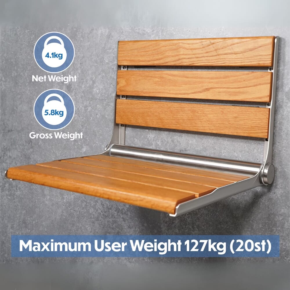 wooden slatted shower seat in oak max weight