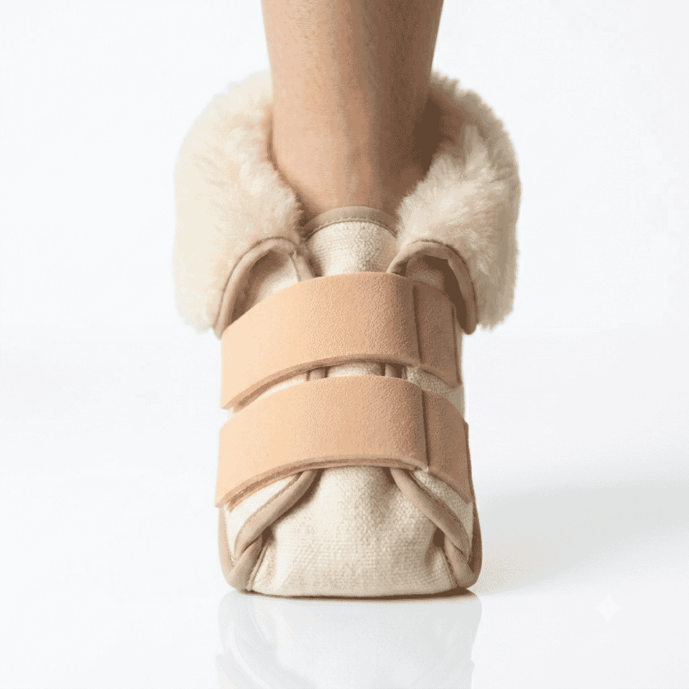 wool pile heel protectors in use