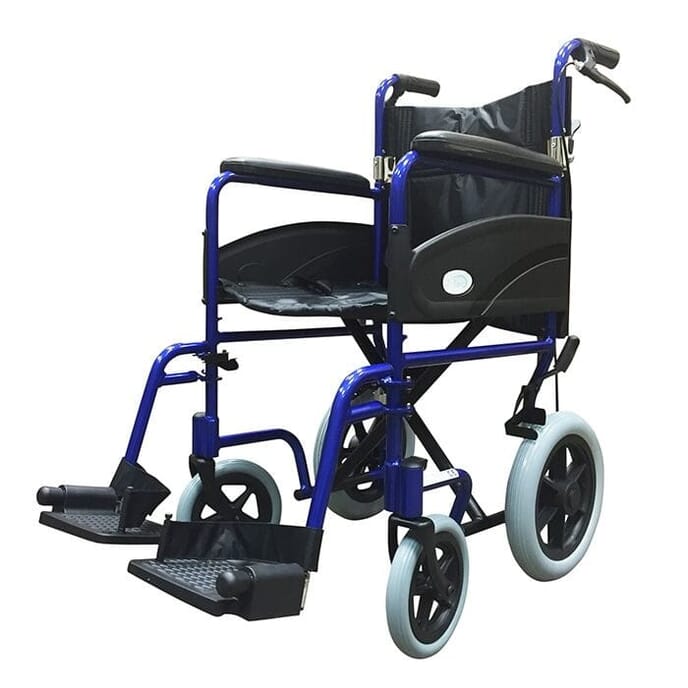 z tec folding aluminium transit wheelchair with hand brake blue