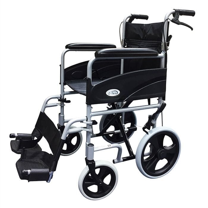 View ZTec Folding Aluminium Transit Wheelchair With Hand Brake Silver information