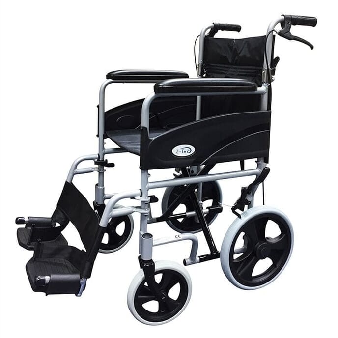 z tec folding aluminium transit wheelchair with hand brake silver